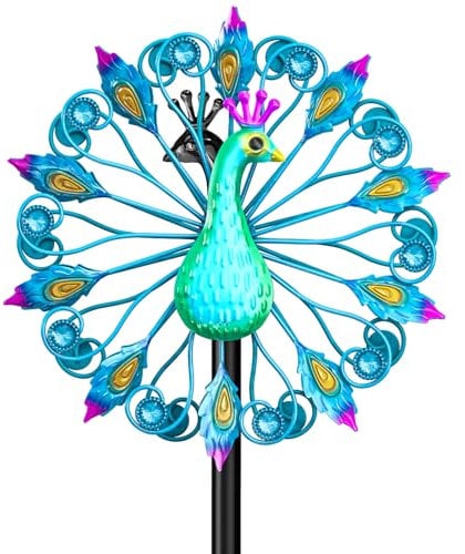 VeyFolzin.st Metall Windrad Garten Dekoration mit Pfau-Design in leuchtenden Farben - Elegante Windspiele für Garten, Rasen und Terrasse, Gartenstecker Windmühle Windspiel Gartendeko