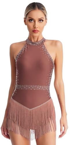 Freebily Abito da Ballo Latino Americano Donna Vestito Danza Classica Ballo Tango con Nappe Frange Body Ginnastica Ritmica Cosutmi Danza del Ventre Samba Rumba Salsa