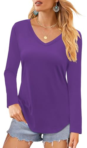 Elesomo Ladies Cotton Tops V Neck Short/Long Sleeve Casual T Shirt Blouse