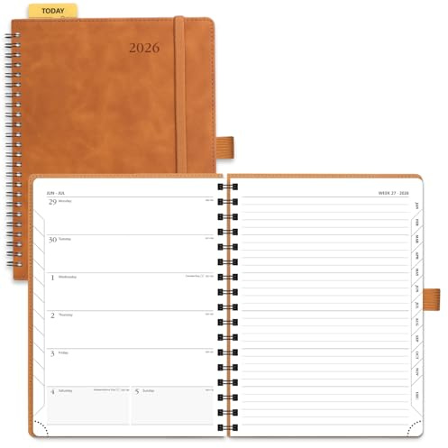 POPRUN Terminplaner 2026, A5, Wochenansicht, Spiralbindung, PU-Leder, Softcover, 22 x 16,5 cm, Terminkalender Arbeitsbuch, 26 Wochenplaner & Notizbuch in einem, Monatstab, Braun
