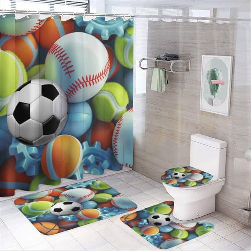 Duschvorhang-Set mit Sportbällen und 4-teiligen Teppichen, tion für Badezimmer, Toilette, Badezimmermatte, 3D-Druck, Fußbälle, Basketbälle, Baseball, amerikanische Sportarten, Polyestergewebe,