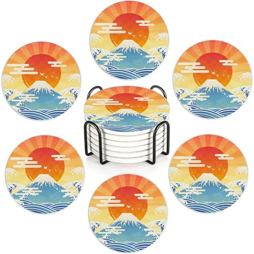 Lot de 6 dessous de verre absorbants en céramique de style japonais avec base en liège et support, 10 cm, tapis rond pour tasses, verres à vin, protection contre les déversements pour tables en bois