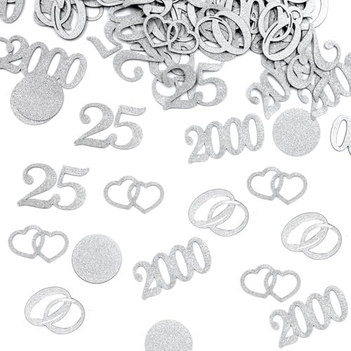 100 Stk Streudeko Silberhochzeit Glitzer Konfetti, 5 Stile mit Zahl 25, Zahl 2000,Ring, Herz-Muster und Kreise,Tischdeko Silberhochzeit Deko für die Jubiläum 25 Jahre