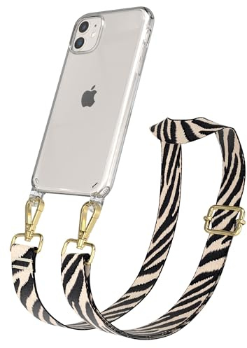 EAZY CASE Handykette - Verstellbares Taschenband kompatibel mit iPhone 11, Schulterriemen, Handykordel mit Silikon Hülle, Umhängetasche, Zebra - Schwarz Beige Gold