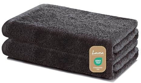 Lavea Duschtücher 2er Set 60x120 cm – Weiche & saugstarke Handtücher aus 100% Baumwolle – Anthrazit – Oeko-TEX 100 Zertifiziert – mit Aufhängeschlaufen – Waschbar bei 60 Grad – Wellness Badetücher
