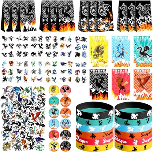 Ywediim Drachen-Partygeschenke, einschließlich 12 Geschenktüten, 12 Aufkleber, 12 Silikon-Armbänder, 12 Abzeichen, 12 Drachen-Notizbuch, für Kindergeburtstagsparty-Dekorationen