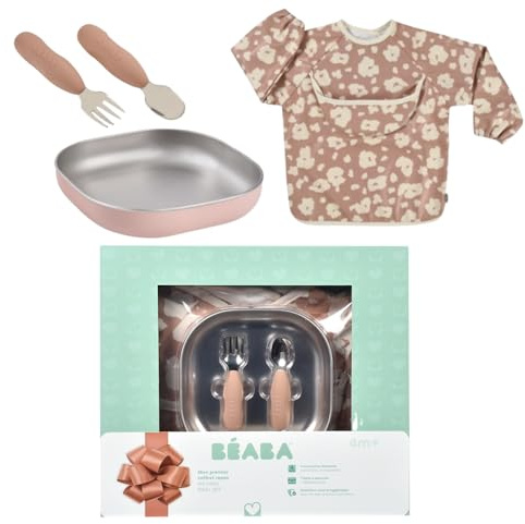 BÉABA Coffret Repas Bébé – Cadeau Naissance Complet Dès 4 Mois – Assiette Inox Micro-Ondes, Pré-Couverts Ergonomiques, Bavoir à Manches, Boîte Souvenir – Matériaux Sains et Durables, Savannah Bloom