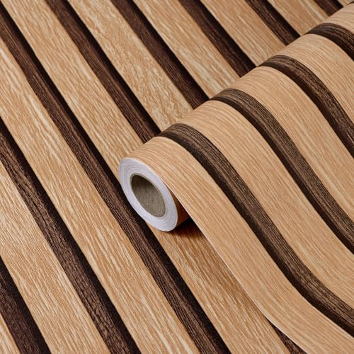 Wood Slat Wallpaper Beige Realistic Wooden Grain Self Adhesive Removable Panel Wall Paper 33 x 508 cm, Vintage Rustic Wallpaper Peel and Stick Contact Paper for Bedroom, Furniture, Feature Walls