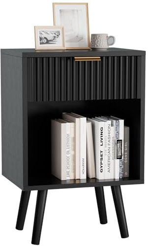 YMYNY Nachttisch, Beistelltisch, Nachtschrank mit Stauraum, Schubladen geriffelte Fronten, Goldener Griff, Massivholz Beinen, Modern, für Schlafzimmer Wohnzimmer, Schwarz HST013B