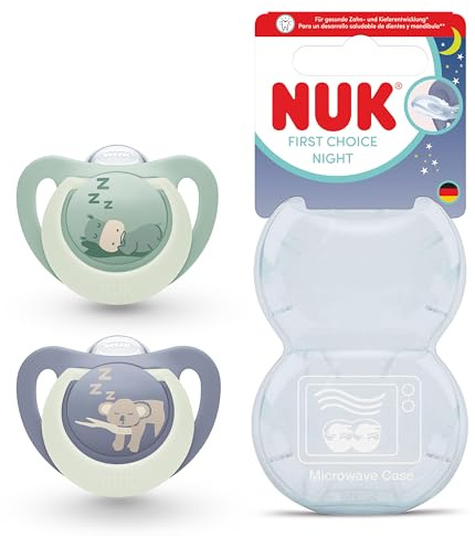 NUK First Choice Night Baby Schnuller | 0-6 Monate | Orthodontische Schnuller, die im Dunkeln leuchten | Beruhigt 99% aller Babys** | Nilpferd/Koala | 0-2 Stück