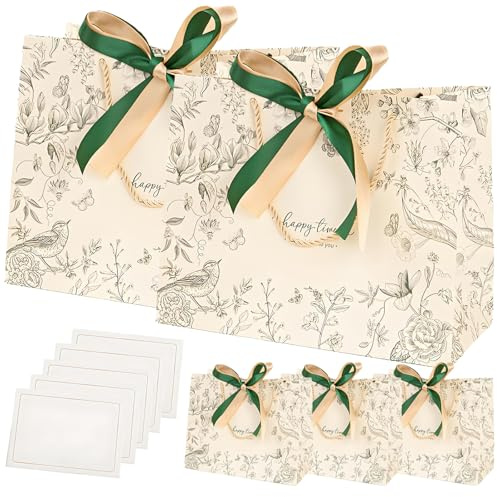 Geschenktüten, 5 Stück Papiertüten mit 5 Karten und Schleifenbändern, Geschenktüten mit Griffen, für Mädchen, Geburtstage, Valentinstag und Hochzeitsfeiern, 25 * 20 * 12cm (Grün 1)