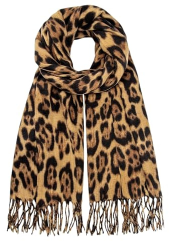 MUNSKT Damen XXL Schal Kuscheliger Klassisch Streifen warmer Leoparden Muster Herbst Halstuch 3 farbiger Fransen Poncho Schal Leo Damen Winter Warme Super Lange Stola Oversized