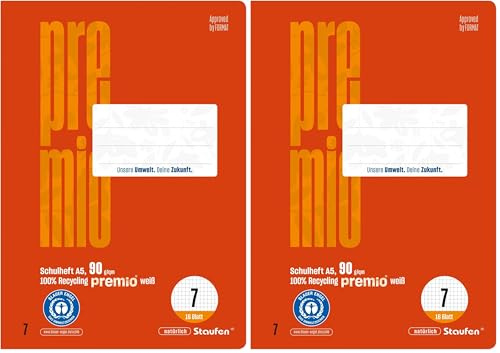 Staufen premio Schulheft - 10 Hefte je 16 Blatt, DIN A5, Lineatur 7 (7mm kariert), 90 g/m² Recyclingpapier, runde Ecken verhindern „Eselsohren“ (Packung mit 2)