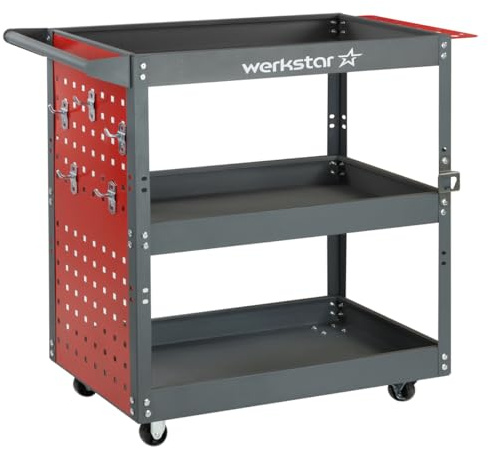 Werkstattwagen Werkzeugwagen mit 3 Ebenen Lochwand Werkzeugablage Montagewagen mit Rädern für Garage Werkstatt 150kg 5 robuste Haken zum Aufhängen von Werkzeugen