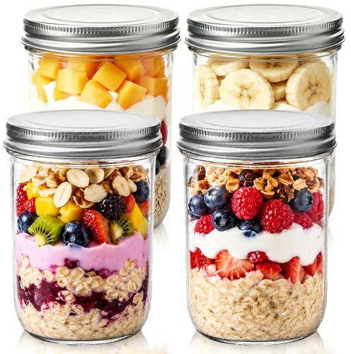Showvigor 4 Pack Wide Mouth Mason Jars 16oz Glass Canning Jars with Airtight Lids for Preserving, Jam, Honey, Jelly, Wedding Favors, Sauces, Meal Prep, Overnight Oats, Salad