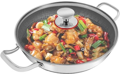 Aangeebone Sartén de acero inoxidable, sartén antiadherente, 32 cm, acero inoxidable 316, con tapa de cristal, apta para todo tipo de cocinas, calor uniforme, dos asas, para cocina familiar