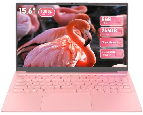 Laptop 15,6 Zoll Rosa 8GB RAM 256GB SSD Notebook Full HD IPS Display Wi-Fi 6 2x USB-C Ziffernblock Bluetooth 5.2 beleuchtete Tastatur Fingerabdruck HDMI 3x USB 3.0 für Schule Studium Homeoffice