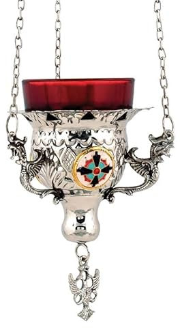 IconsGr Lampe a Huile en Bronze a Suspendre, culte chretien orthodoxe Grec avec coupelle en vevre Rouge pour Les veillée Bougie 9771n