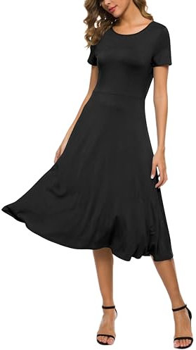 EXCHIC Femme Décontractée Solide Extensible Col Rond Midi Robe Élégant Manche Courte Une Ligne Robes(XL, Noir)