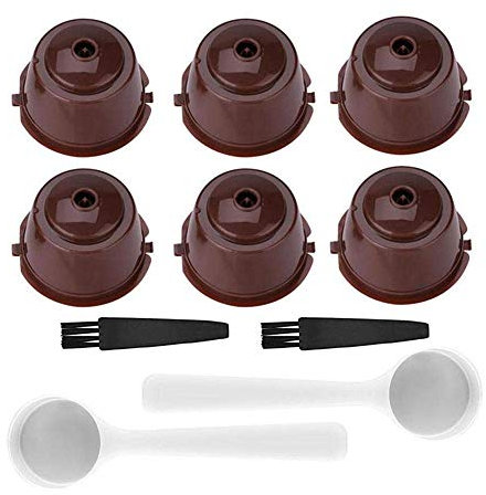 Paquete de 6 cápsulas de café reutilizables recargables para máquina Nescafe Dolce Gusto, tazas coloridas con cepillo y cuchara, compatibles con todos los Dolce Gusto, Circolo, Genio, Melody (marrón)