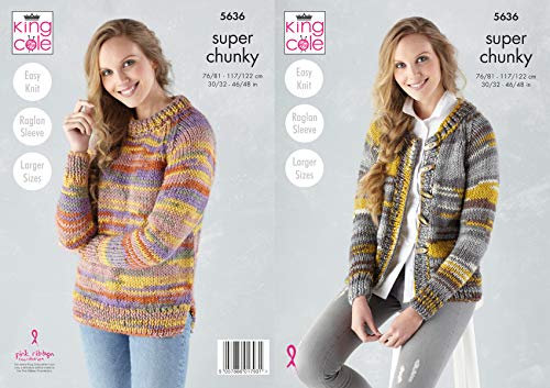 King Cole Knitting Pattern Womens Easy Knit Long Sleeve Round Neck Jumper and Cardigan in Quartz Super Chunky 5636 Multicolor