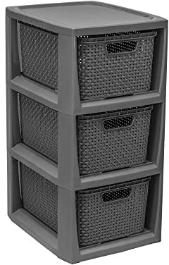 BranQ - Home essential 100% recycelt Kunststoff PP, Ökologisch, Regal in Rattan Design, Anthrazit, 3 Körben