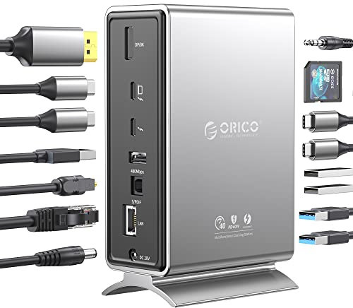 ORICO Thunderbolt 3 Docking Station, 15-in-1 40Gbps USB C Docking Station with Single 8K @ 30hz, Dual 4K@60Hz, PD60W Charging, USB3.1&3.0,Ethernet, Audio, LAN, Compatible with Mac & Windows