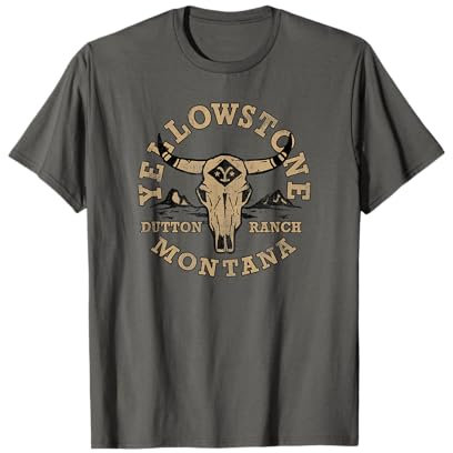 Y Yellowstone - Herren & Damen T-Shirt - Grau - Klein - Klassische Passform - Halbarm - Pull-On - Bull Skull Logo - Western - Horse - Yellowstone-Themed T-Shirt