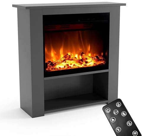 GLOW FIRE Elektrokamin mit Heizung und Kaminfeuer (Standkamin THEBE) - elektrischer Kamin mit LED-Feuer in 3 Farben, Heizlüfter, Holz-Deko & Fernbedienung, 86x85x30 cm, Grau