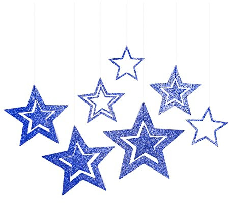 Yurosiay Glitzer Sterne zum Aufhängen 7er Set Aushöhlen Glitzernder Papiersterne Deko Groß Hängedeko Stern Weihnachtsdeko Stern Sterne Aufhängen für Hochzeit Party Christbaum Deko Dunkelblau