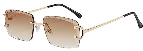 kachawoo Rahmenlose Rechteck Sonnenbrille Randlose Sonnenbrille mit gravierten Kanten Braun Blau Grau Sonnenschirme Unisex (gold with brown)