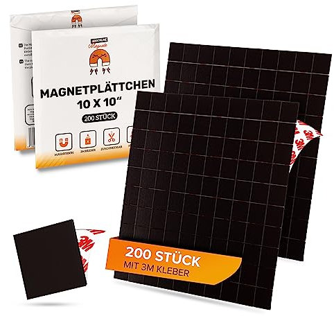 JAWA Magnetplättchen Selbstklebend 3M - 200 Stück Magnet Klebeplättchen - 10x10mm Magnet Plättchen - Zuschneidbare Klebemagnete - Flexible Mini Magnete Flach