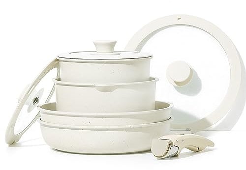 CAROTE Batterie de Cuisine 8 Pièces – Poêles & Casseroles Antiadhésives, Poignées Amovibles, Empilables, Idéal Camping/Van, Passe au Four