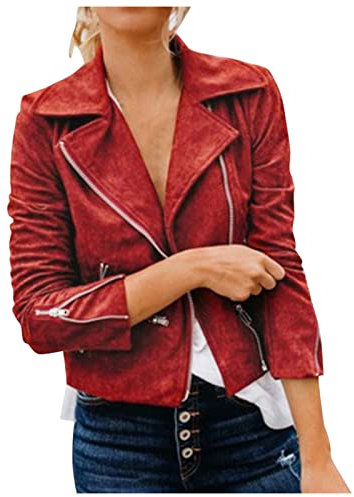 Veste Rouge Femme - Femmes Manteau Hauts Daim Cuir Boucle Cool Veste Faux Laine d'agneau Moto à Manches Longues Vestes Chaudes Manteau Maternité