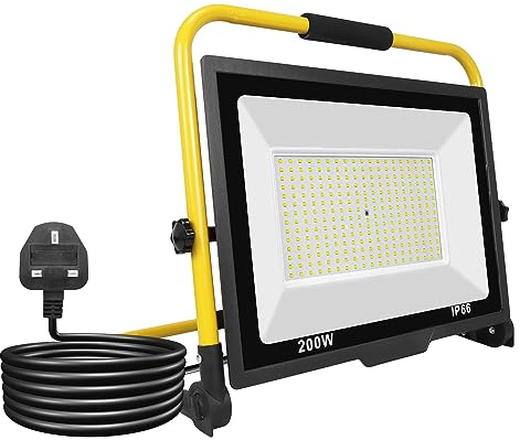 RIGIDON Portable led Work Light 200W 20000lm 175V to 265V Job site Lights | plug, 3m length wire, 6000K white, folding stand, for home workshop garage garden security outdoor, IP66 waterproof, flood