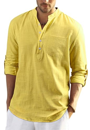 Enlision Mens Cotton Linen Shirts Summer Lightweight Beach Shirt Long Sleeve Roll Up Collarless Bright Yellow Henley Shirt 3XL