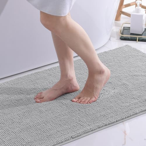 OLANLY Chenille Badematte rutschfest Badezimmerteppich Weich Badteppich Saugfähige Badvorleger Waschbar Duschvorleger für Badezimmer, 60 x 90 cm, Hellgrau