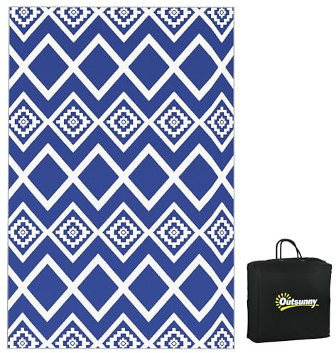 Outsunny Reversible Outdoor Rug with Carry Bag, Waterproof Plastic Straw Mat for Garden, Deck, RV, Picnic, Beach, Camping, 182 x 274cm, Blue and White