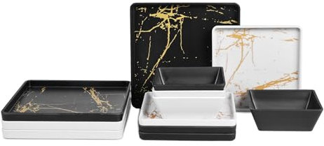 Yummost Set di stoviglie quadrate in melamina, 12 pezzi, piatti quadrati e ciotole, infrangibili, per 4, leggeri, lavabili in lavastoviglie e senza BPA, adatti per camper, campeggio (bianco e nero)