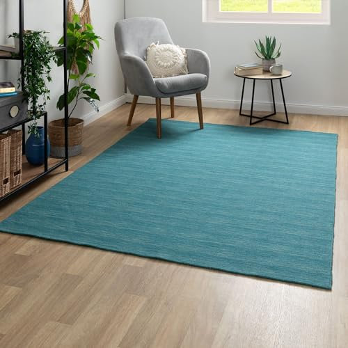 Steffensmeier Handweb Teppich Kelim Delhi | 100% Schurwolle in der Nutzschicht, Türkis, handgewebt, Größe: 200x300 cm Wohnzimmer und Schlafzimmer