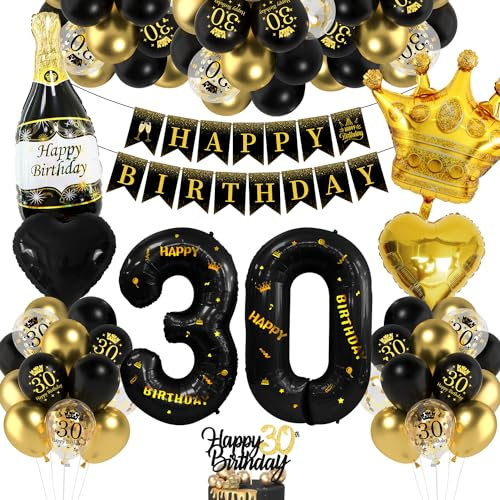 Deko 30 Geburtstag Mann Frau, Luftballon 30 Geburtstag Schwarz Gold, 30 Happy Birthday Banner, Folienballon Zahl 30 Cake Topper Schwarz Gold für 30. Party Geburtstagsdeko