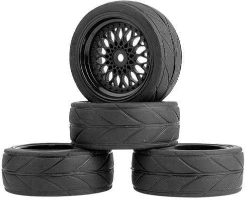 KEEDA RC Auto 64mm Gummireifen & 52mm/2,05 Zoll Kunststoff Felgen Räder für 1/10 RC On Road Touring Racing Drift Car (Einpresstiefe 3mm, Schwarz)