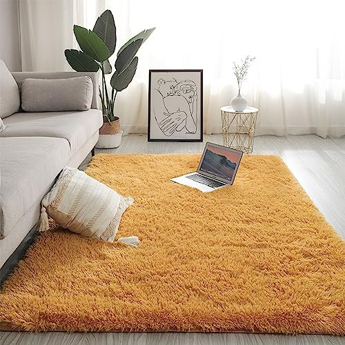 Swsen Teppich Wohnzimmer Super Weich - Shaggy Teppiche Flauschig Anti-Rutsch Unterseite - Moderner Carpet Waschbar Langflor Hochflor Teppiche 100x160cm, Kurkuma