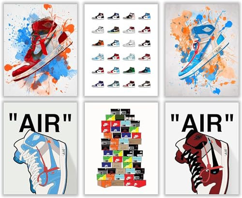 QTH Hypebeast Sneaker-Poster-Set, 6er-Set (20,3 x 25,4 cm), ungerahmt, Michael Jordan und Air Gym Shoes Collection – ästhetische Wanddekoration für Teenager, Jungen, Männer, Schlafsäle