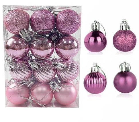24 Pieces Christmas Tree Decoration Pumpkin Baubles Mini Christmas Balls 3CM Christmas Baubles for Xmas Halloween Hanging Decorations, Pink Baubles