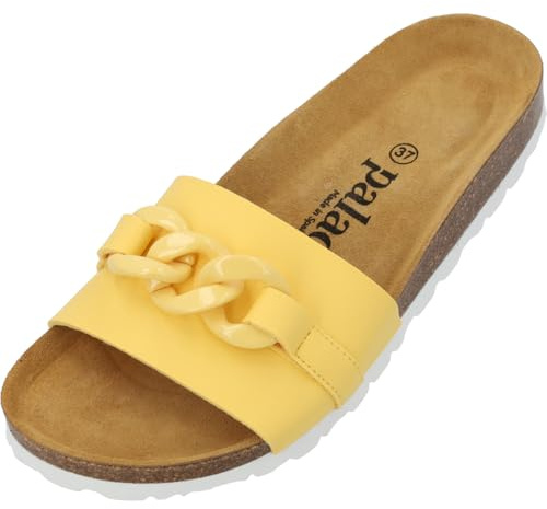 Palado Damen Pantoletten Gozo - bequeme Sandalen Made in Spain - Hausschuhe mit dämpfendem Kork-Fußbett - modische Sommerschuhe Gelb UK9 - EU42