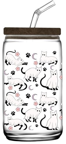 16oz Fantasy Can Glass Cup with Lid and Straw - Perfect for Coffee, Tea, Cold Drink | Unique Gift (Ghost Cattywompuses)