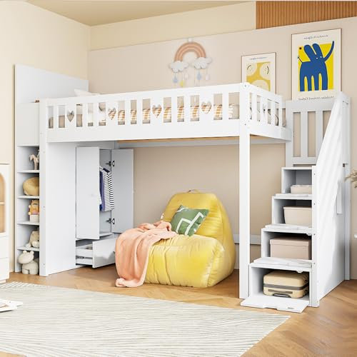 Kayan Hochbett Kinderbett 90x200 cm, Etagenbett mit Stauraumleiter, Regale, klappbarer Stauschrank, freier Platz unter dem Bett zum Verkleiden, Geländer in Liebesform, Weiß