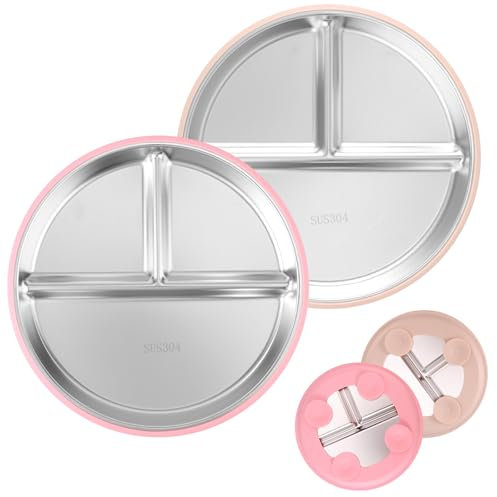Lyreh 2pcs Assiette Compartimen Bébé, 23,5cm Diamètre Sans BPA Assiette Bébé Inox avec Base à Ventouse en Silicone Passent au Micro-Ondes au Lave-Vaisselle(Blanc Cassé et Rose)