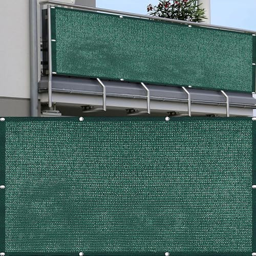 Balkonbespannung 50 x 150 cm Balkon Sichtschutz Wetterfest Blickdichte Uv-Schutz Atmungsaktiv balkonabdeckung sichtschutz Mit Ösen, Nylon Kabelbinder Und Kordel Für Terrasse, Garten, Dunkelgrün